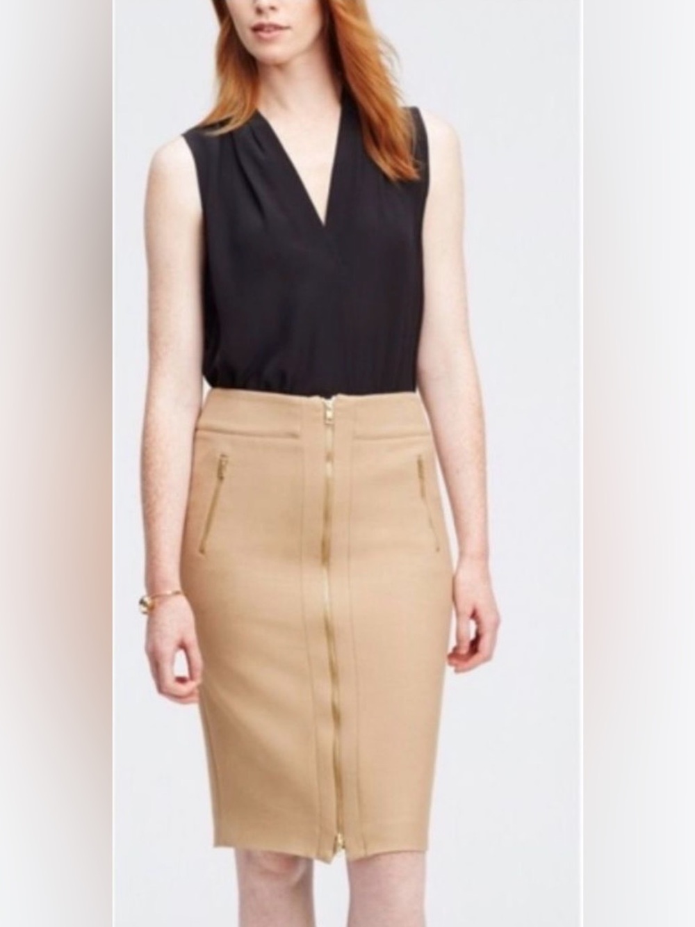 Ann Taylor Tan Camel Zip Front Pencil Skirt gold zipper pockets fully lined 10